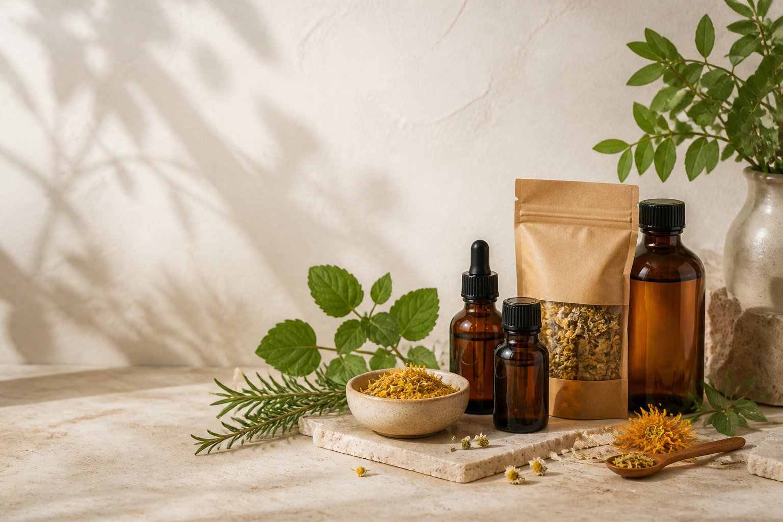 Botanické produkty v jantárovom skle, bylinky a čaj na svetlom podklade